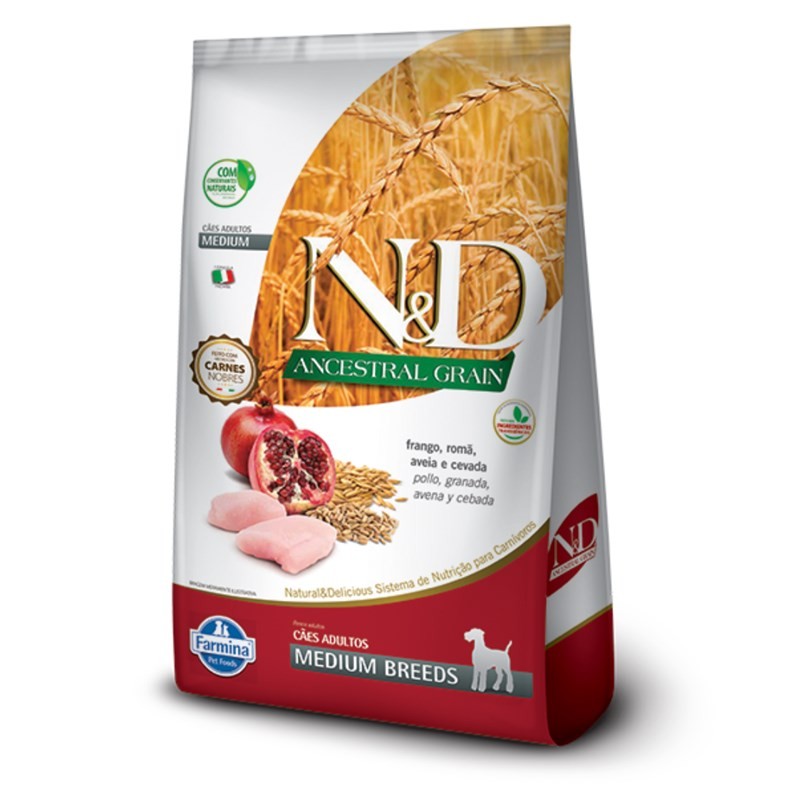 RAÇÃO ND ANCESTRAL GRAIN CÃES ADULTOS PORTE MÉDIO FRANGO E ROMÃ 10.1KG