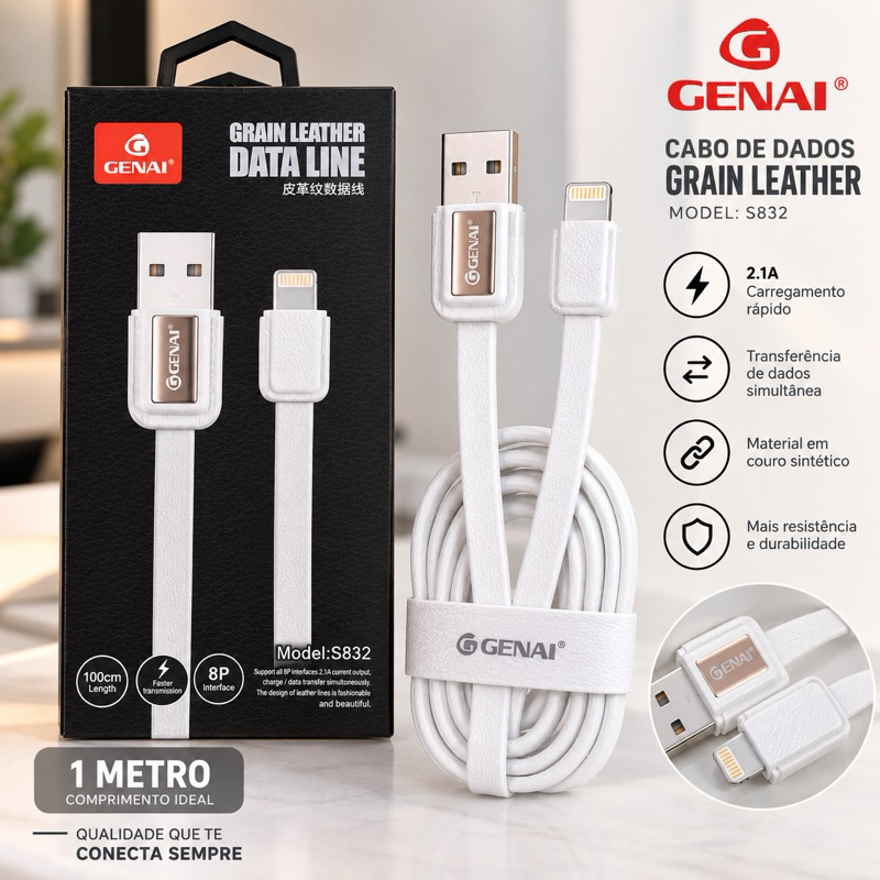 Cabo Lightning para iPhone GENAI Original Grain Leather 1 Metro USB 2.1A Carregamento Rápido e Dados