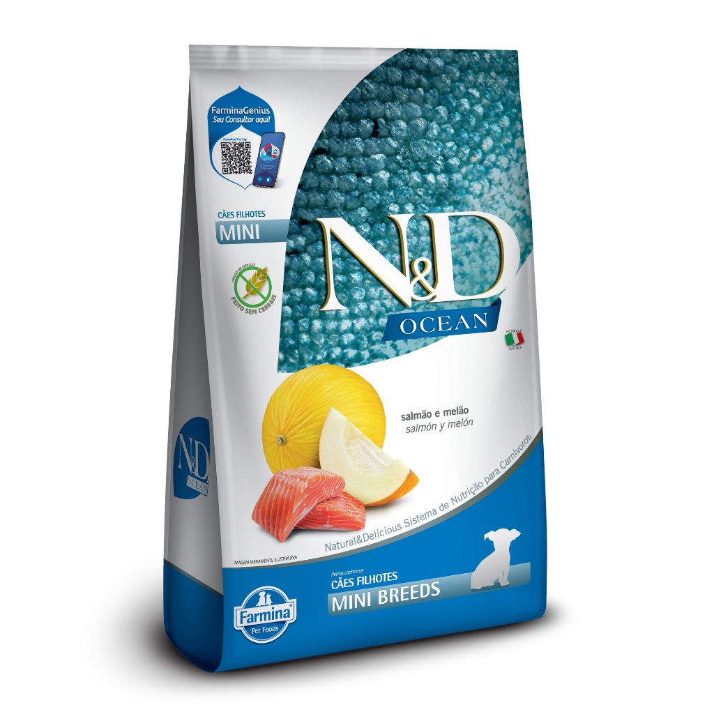 Ração N&D Ocean Cães Filhotes Mini Salmão e Melão 2,5kg - Farmina Grain Free Sem Cereais