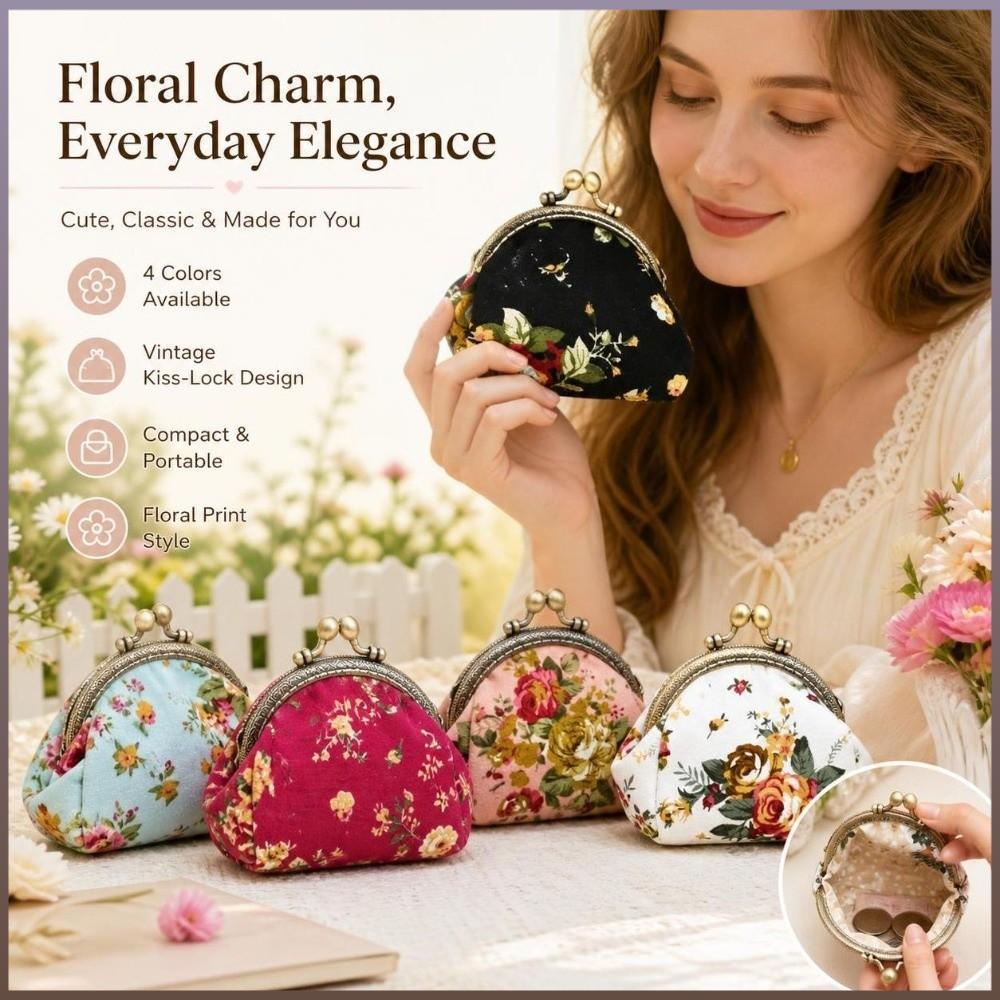 Bolsa Clutch Kiss Lock , De Moedas Rosa Compacta Com Estampa , Mini Troca Floral Estrutura De Metal