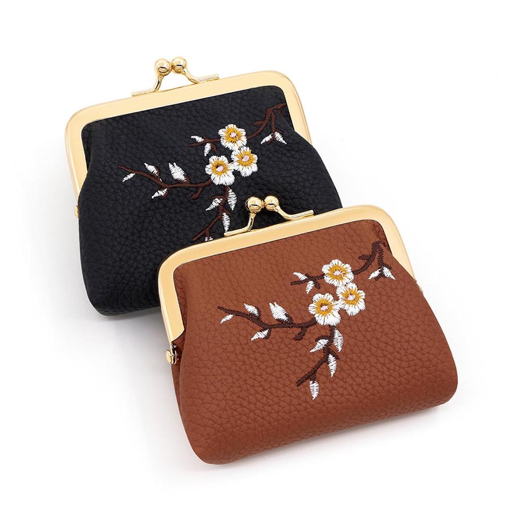 1PC Pequena Bolsa De Mão Bordado Moeda Flor De Ameixa Carteira Saco Cosmético Vintage Embreagem Beijo-Lock Couro Do Plut