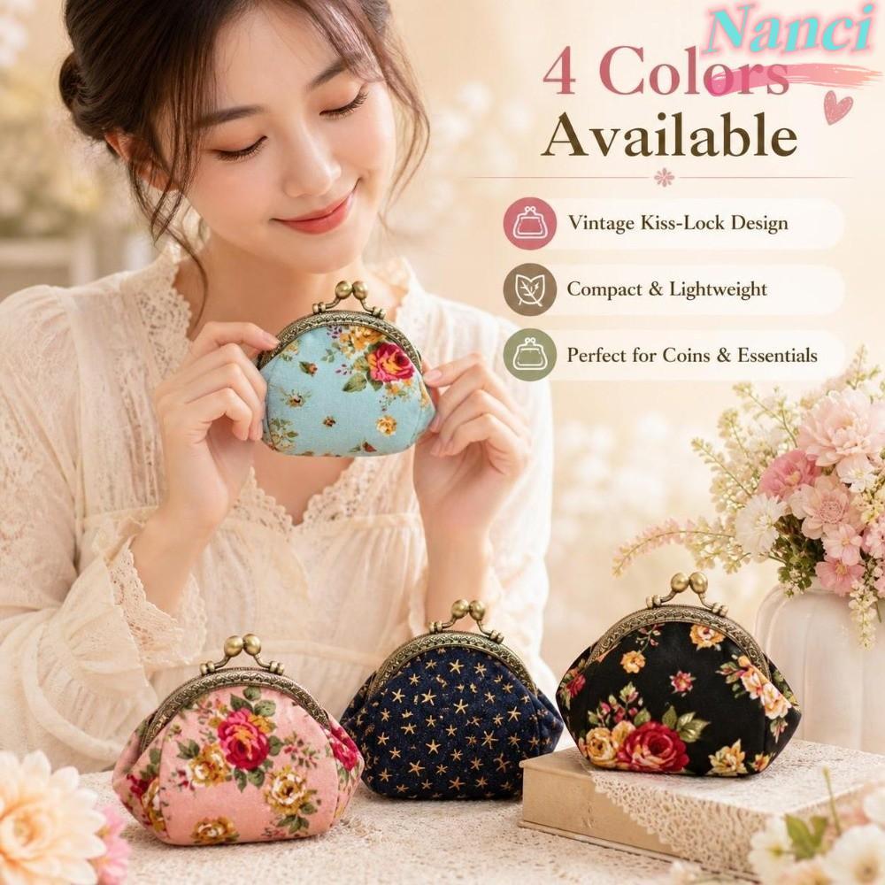 Bolsa Clutch NANCI Kiss Lock , Mini De Moedas Rosa Com Estampa , Compacta Para Troca Floral Estrutura De Metal