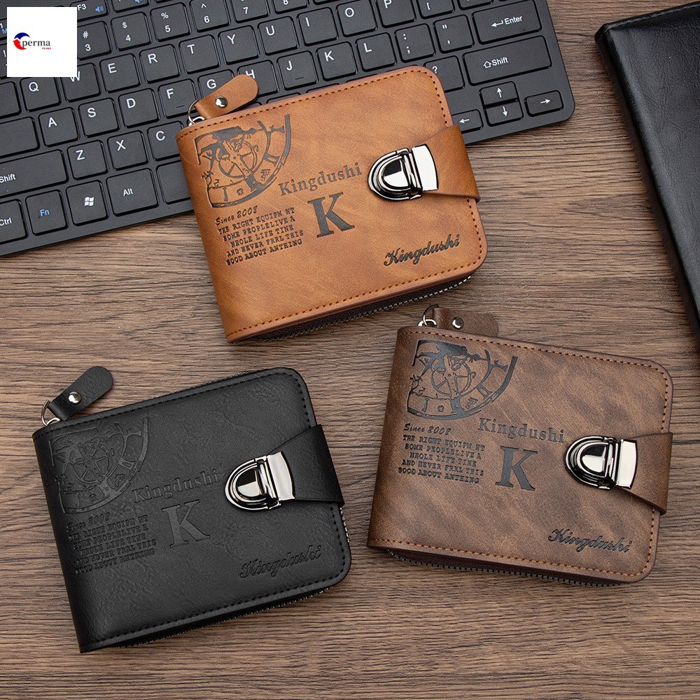 Carteira Masculina Curta Retrô Plug Lock – Bolsa De Moedas Com Zíper Slot Para Vários Cartões De Grande Capacidade