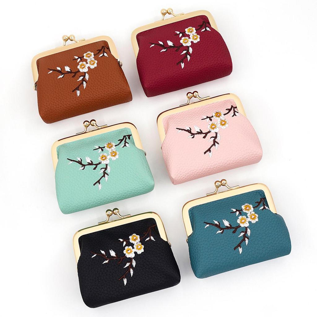 1PC Pequena Bolsa De Mão Flor De Ameixa Carteira Bordado Moeda Couro Do Plutônio Saco De Embreagem Beijo-Lock Cosméticos