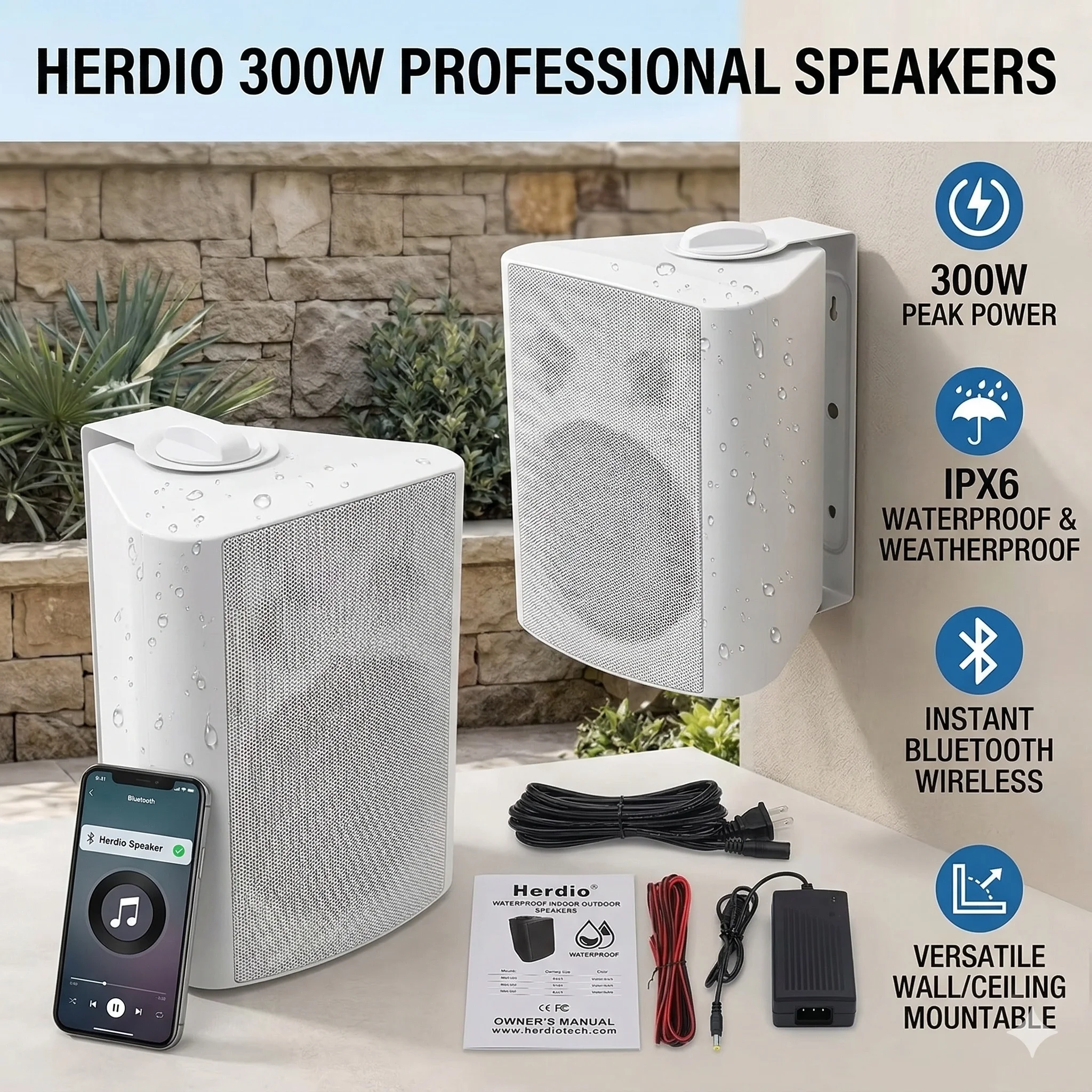 Herdio 5.25 Inch 300W Waterproof Wall Mount Bluetooth Speakers Indoor Outdoor All Weather Resistant for Home Patio 2PCS