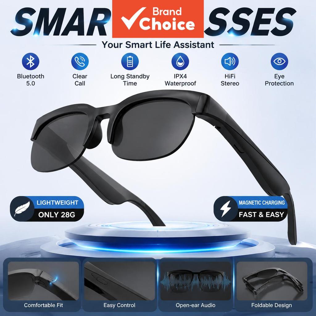 Óculos de Sol Inteligentes Bluetooth V5.3 com Fones de Ouvido Esportivos ao Ar Livre, Tecnologia Preta HIFI, Anti-toque,