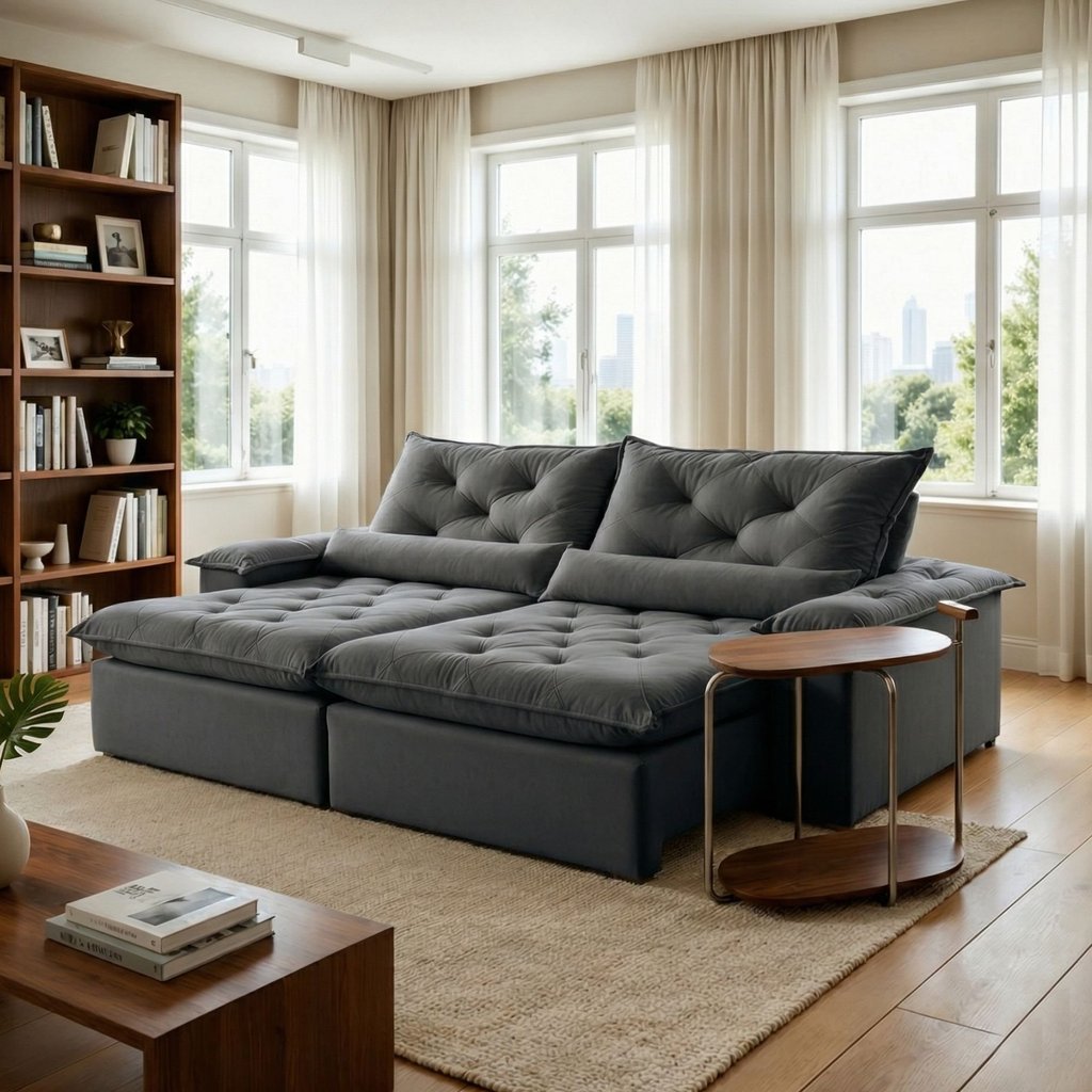 Sofá Retrátil e Reclinável 3 Lugares 240cm Diamond Super Pillow Cinza Veludo Grafite Veludo Grafite