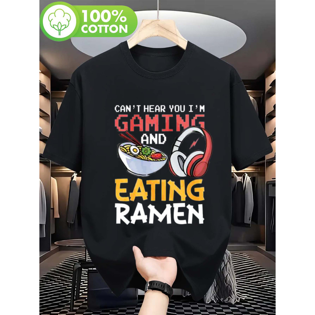Camiseta Masculina Cant Hear You I m Gaming Eating Ramen Gamer Humor Casual Confortável Divertida Estilosa Verão