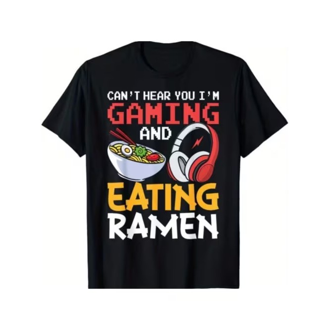 Camiseta Manga Curta Divertida Fofa Estilosa Confortável Estampa Gaming Ramen para Uso Casual Moda Tendência Verão
