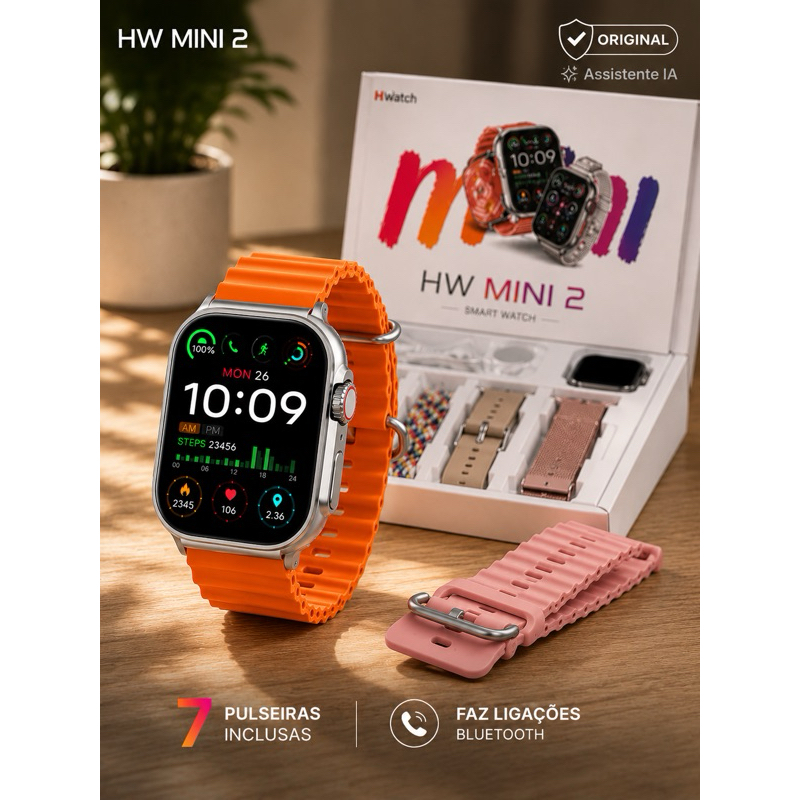 Relógio Smartwatch HW Ultra Mini 2 41mm Com 7 Pulseiras Faz Ligações Android iPhone