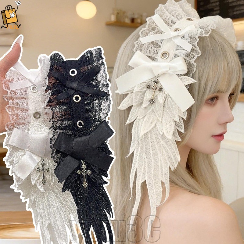 [Prim] 2-1Pc Lolita Lace Headband-Angel Hair Head Hoop-Ruffle Fold Gótico Dark Headwear-Cosplay Wrap-Acessórios De Cabel