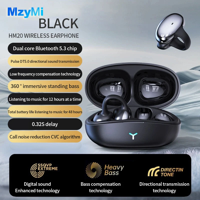 MZYMI HM20 Ear Clip Headset ENC Noise Reduction Earbuds Wireless Bluetooth 5.3 Headphones Waterproof Gaming Earphone With Mic