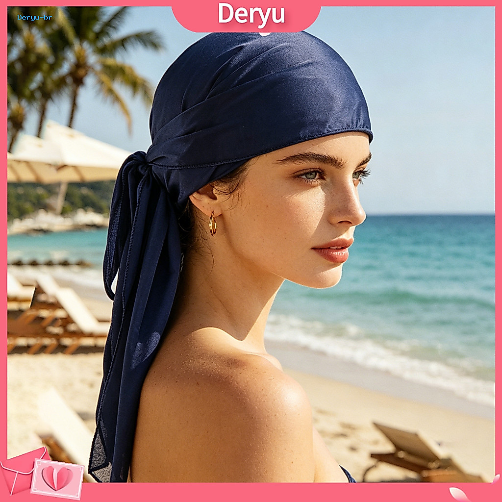 Turban Hat Long Tail Sweat-wicking Pirate Imitation Silk Head Wrap 2-in-1 Scarf for Vacation Festival Street Style – f