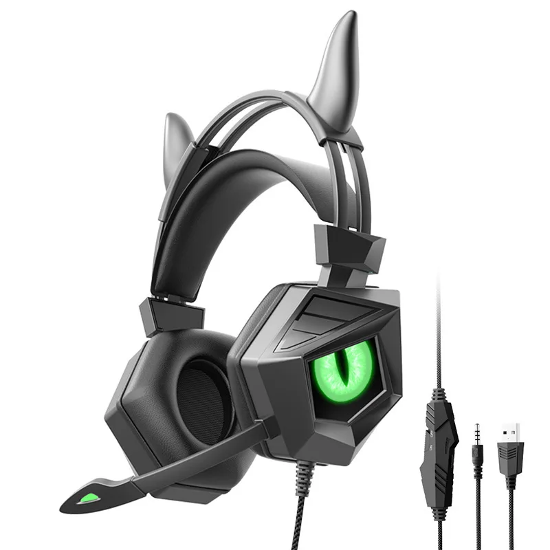 3.5mm USB Wired Controlled Headset Dragon Eyes Luminous Gaming Cute Cat Ear Headworn Computer Earphones with Mic  For PC Laptop