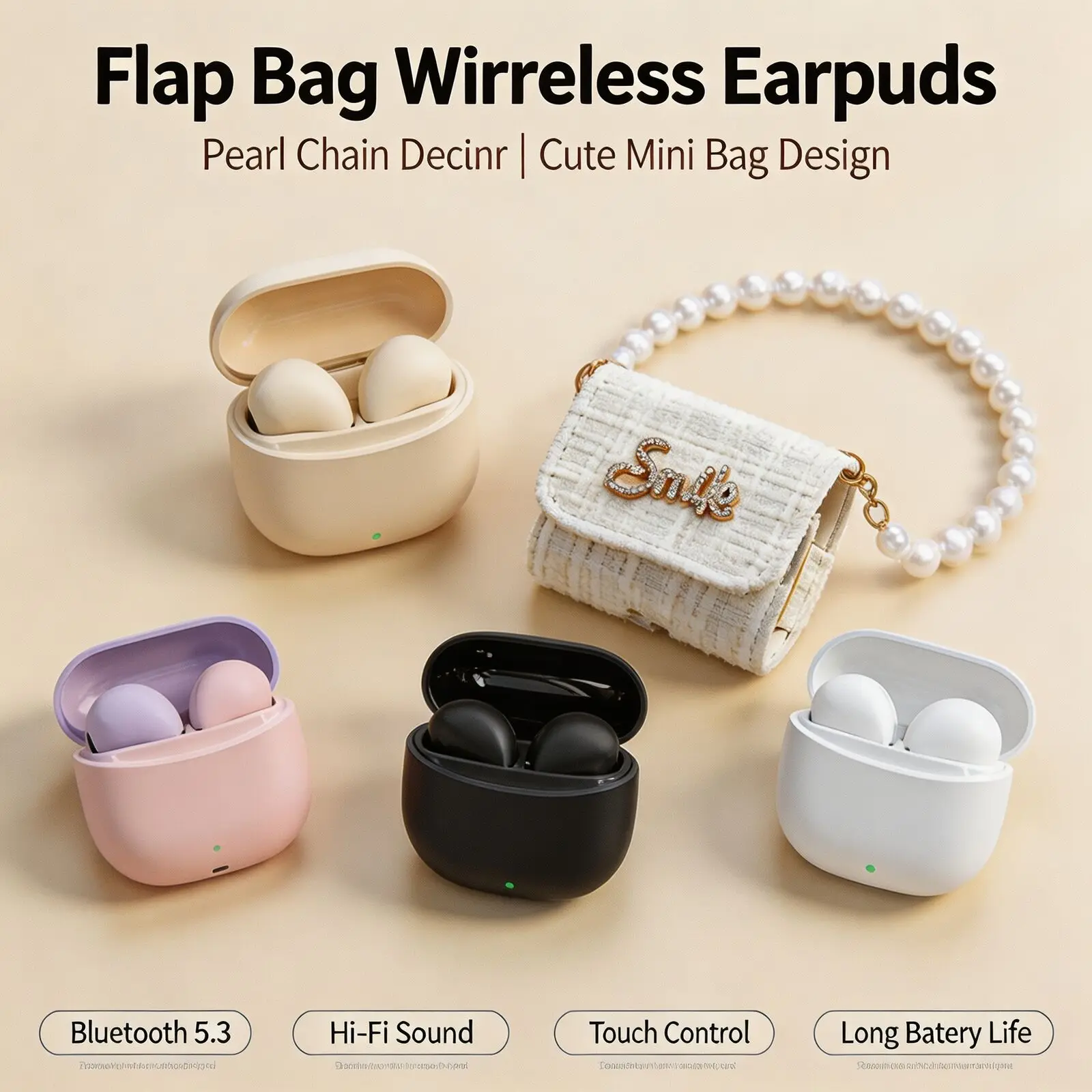 Bluetooth 5.4 Wireless Earphones Tweed Pearl Chain Bag 250mAh Case 5H Gaming Call 240H Standby Call Noise Reduction HiFi Headset