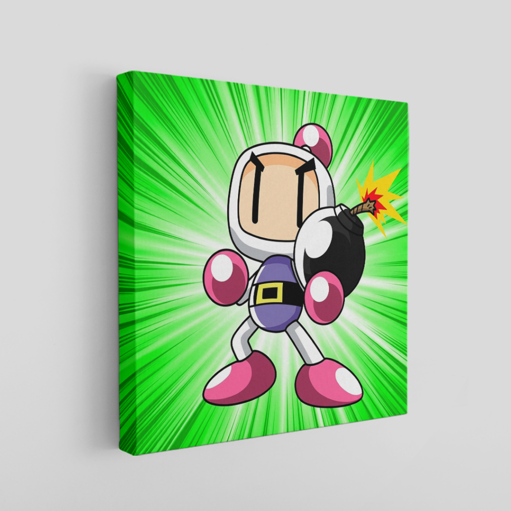 Quadro Decorativo Bomberman Cartoon Retrô Fundo Verde Tecido Canvas Borda Infinita Decoração Quarto Gamer