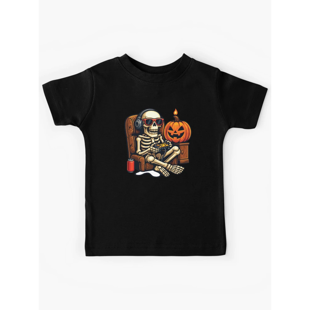 Camiseta Esqueleto Gamer Abóbora Halloween Estampa Cartoon Casual Dia das Bruxas