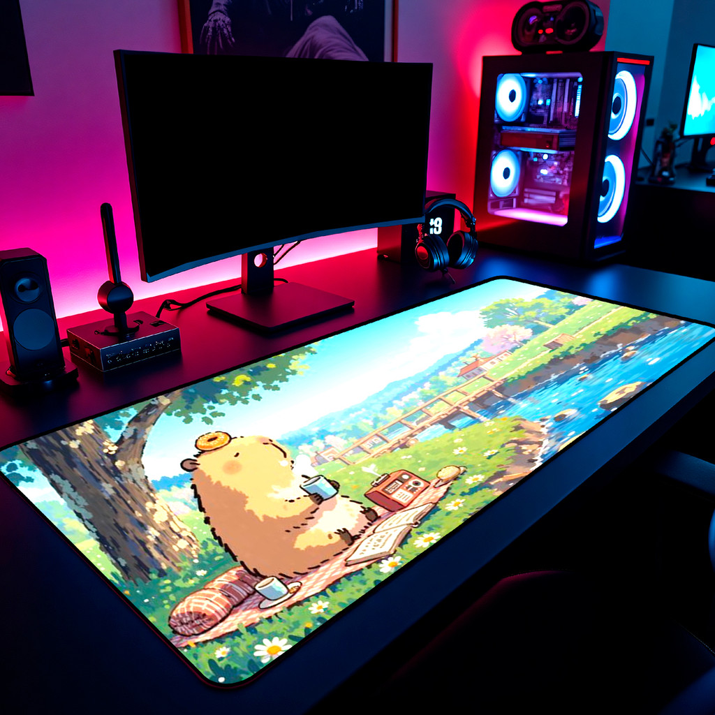 Mouse Pad Gamer Capivara Lofi Relaxing 65x30cm 80x40cm 90x50cm 120x60cm Borda Costurada