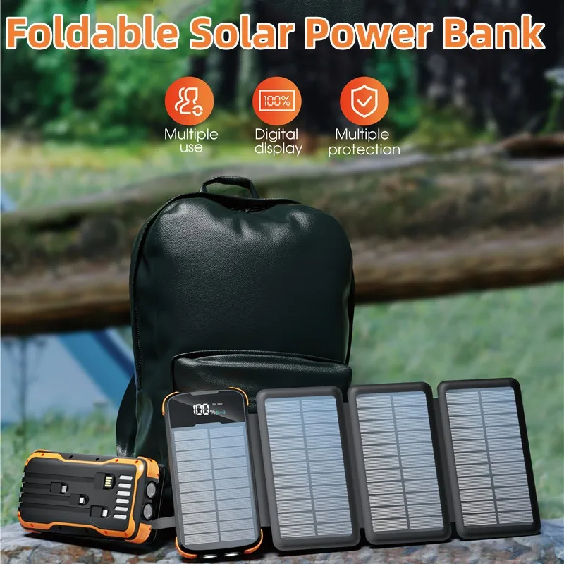 Solar Power Bank 43800mAh Foldable Dual USB Portable Charger for iPhone 17 16 Samsung Xiaomi Powerbank with light Spare Battery