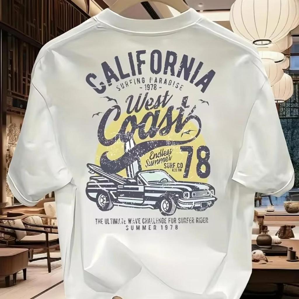 Camiseta Masculina California West Coast Car Culture com Estampa Retrô de Corrida, Oversized, Algodão, Manga Curta