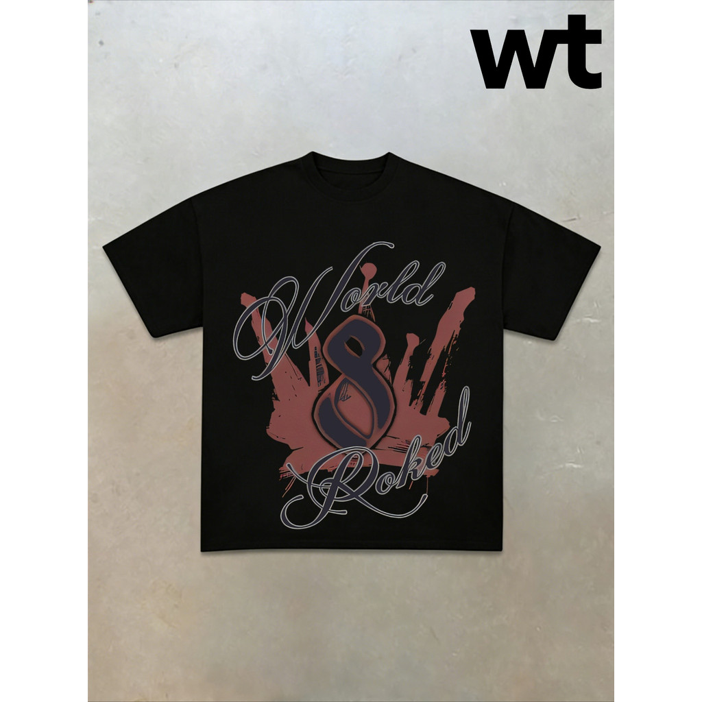 Verão Novo Estilo Retrô Americano No . 8 Mundo Roked Frente E Verso Impressão Manga Curta Camiseta Masculina Na Moda Car
