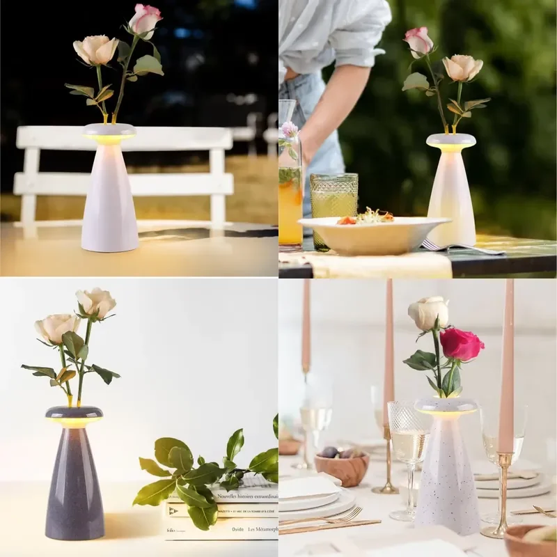 【CHIMU HOME】 Handmade Modern Stoneware Vase with Rechargeable LED Light Simple Retro Design Home Decor for Living Room TV