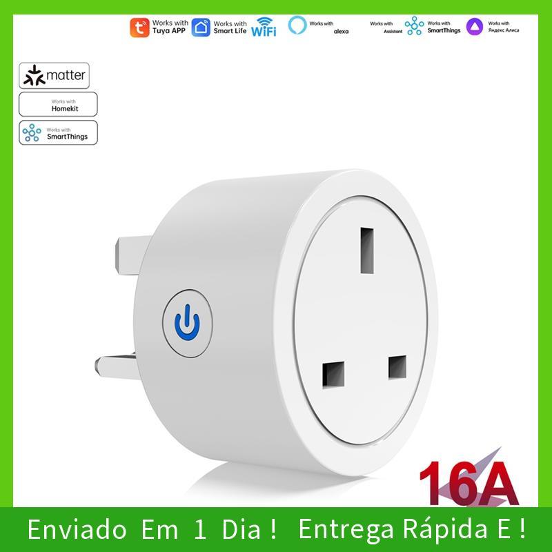 - joyce TUYA Matter 16A Tomada Inteligente Com Função De Temporização Monitor De Energia Controle De Voz UK Plug Works M