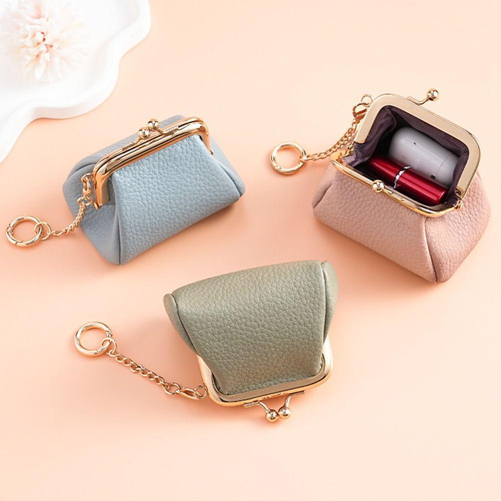 FALLFORBEAUTYEJ Mini Porta-Moedas , Carteira De Couro Macio De Cor Sólida Kiss Lock , Estilo Retrô