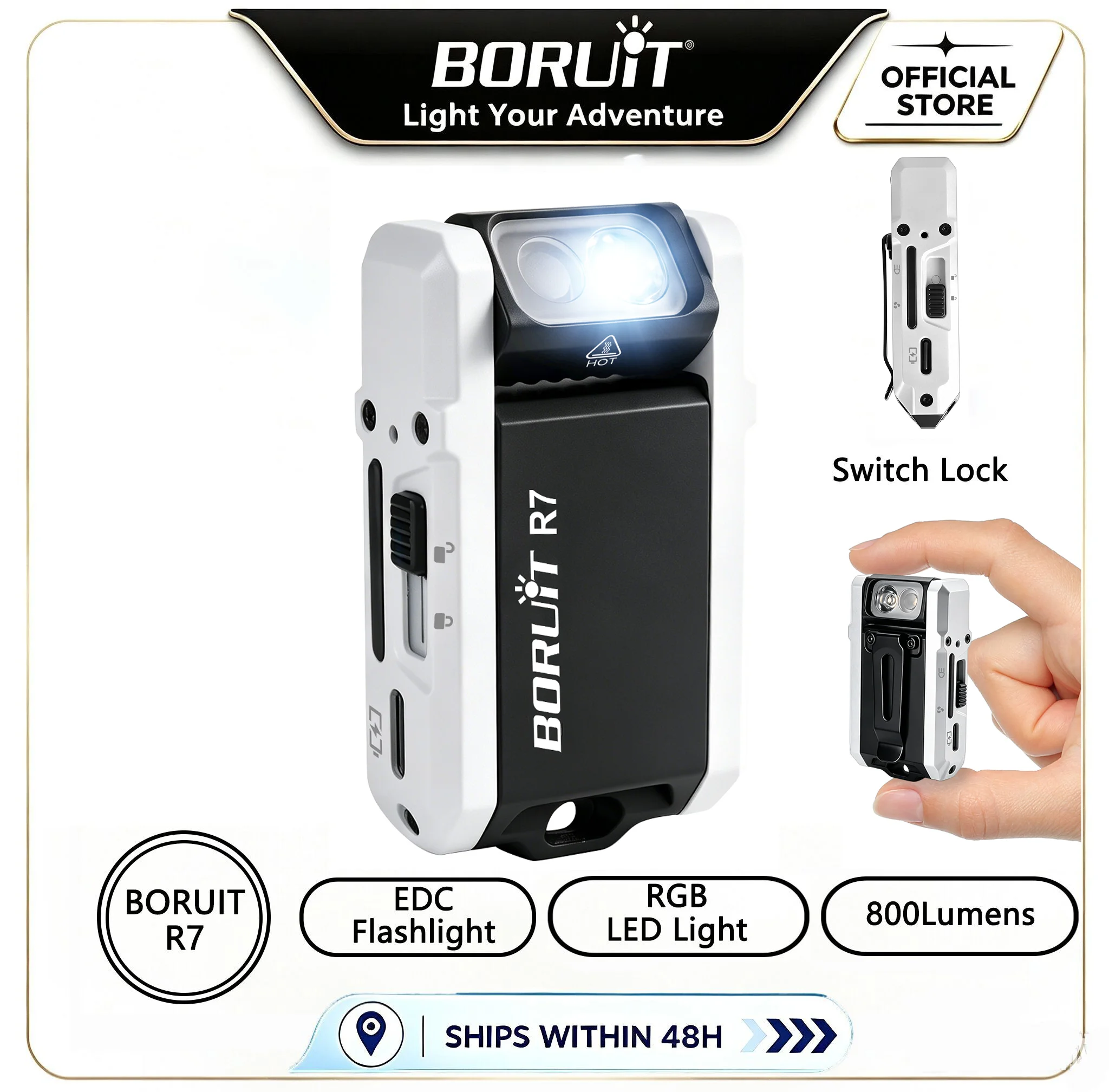 BORUiT R7 EDC Multi-Color Flashlight 800LM Type-C Rechargeable Keychain Torch Magnetic Waterfroof Camping Home Emergency Lantern