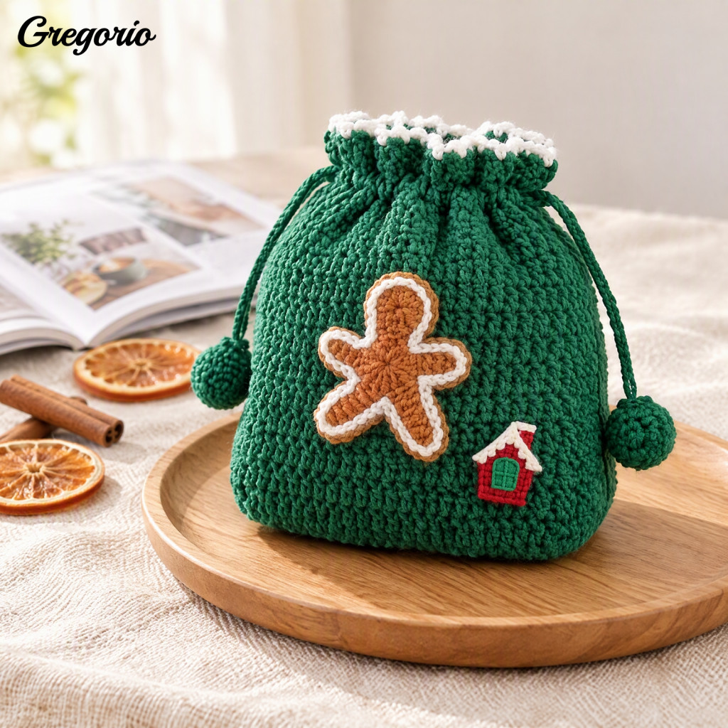Christmas Crochet Gift Pouch Holiday Treat Bag Hand-crochet Drawstring Soft Yarn Mini Coin Purse with Santa Snowflake Gi