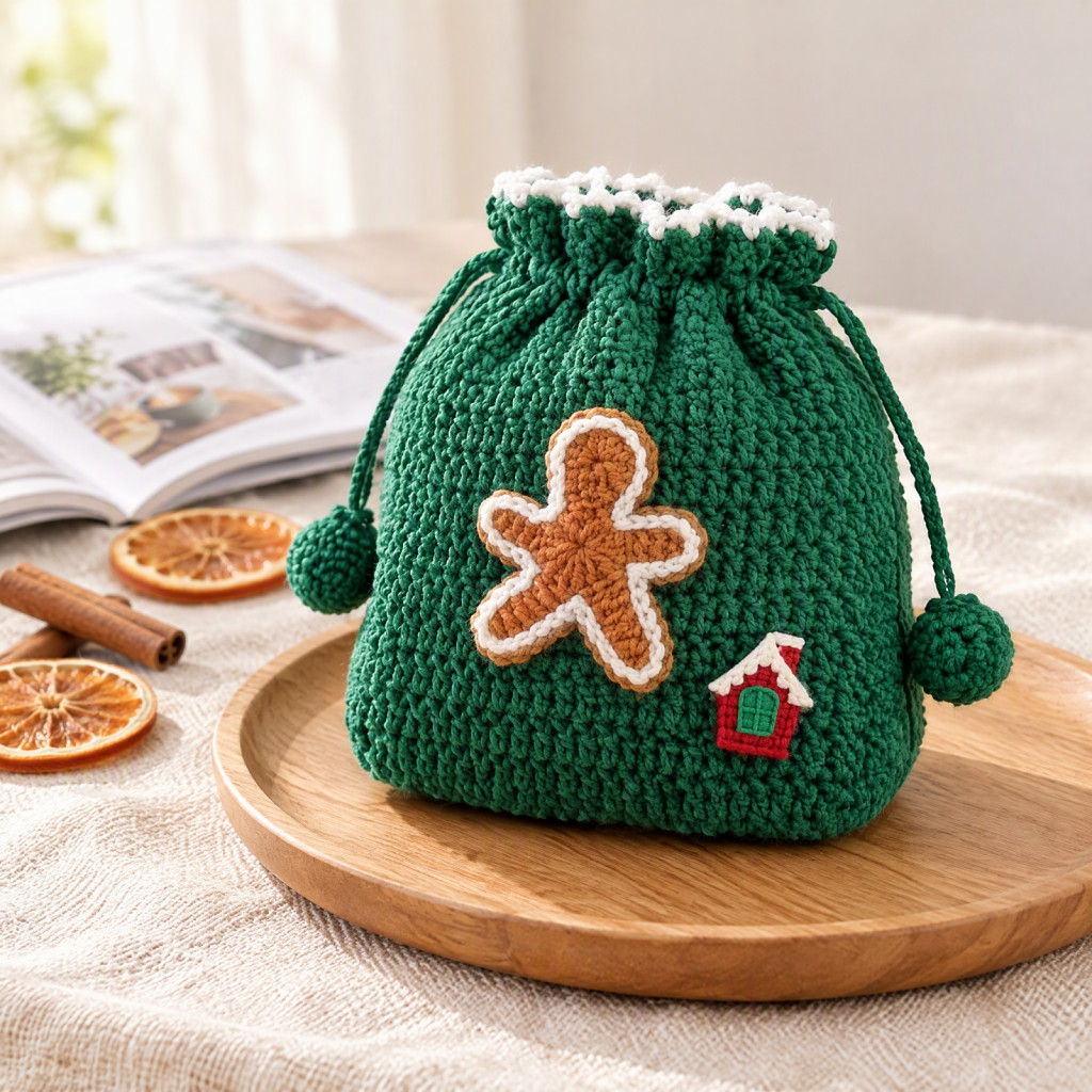 Christmas Crochet Gift Pouch Festive Candy Packaging Hand-crochet Drawstring Soft Yarn Mini Coin Purse with Santa Snowfl