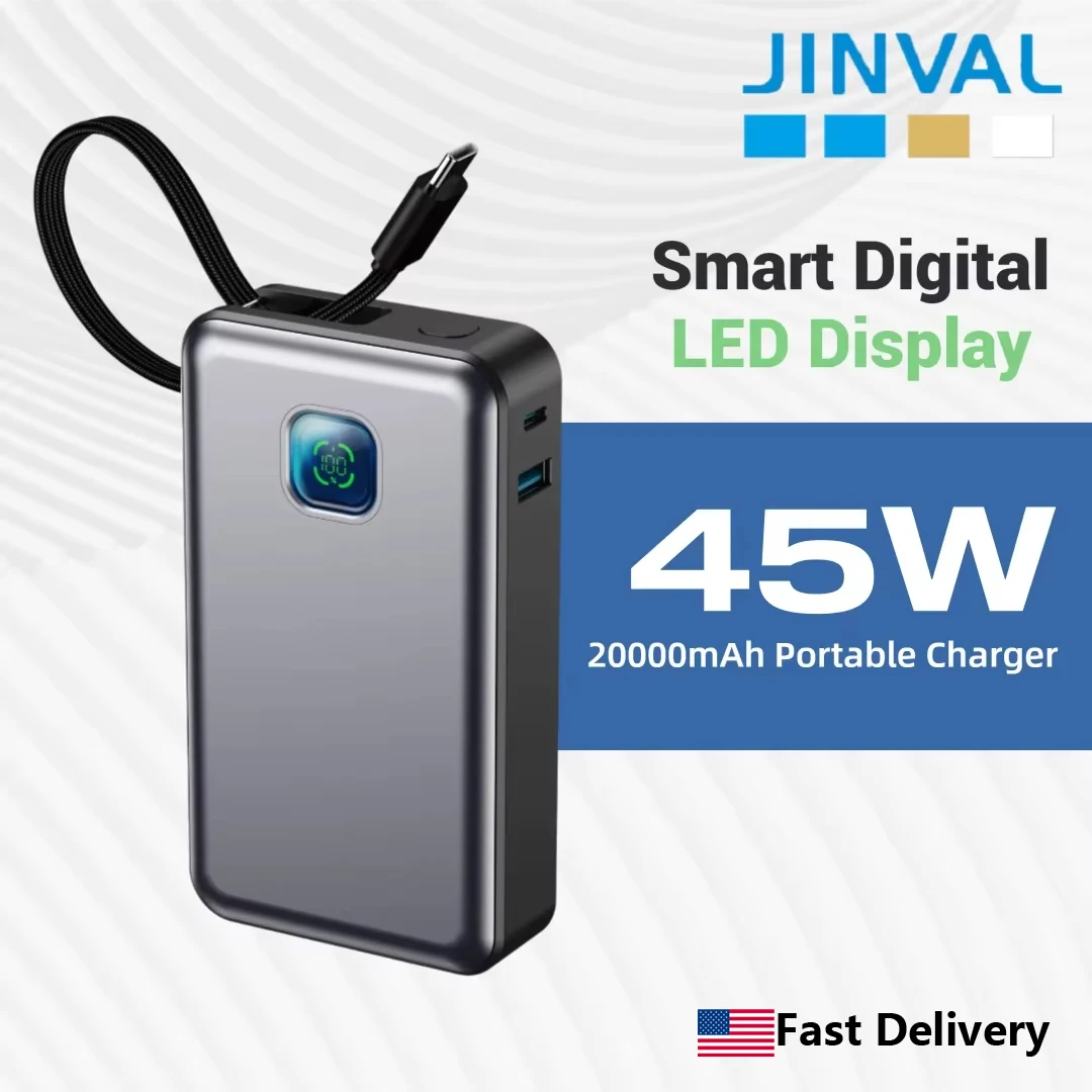 JINVAL 20000mAh PD45W Power Bank LED Display Fast Charging Portable Charger 3-port Output Built-in Cable For iPhone 17 Samsung