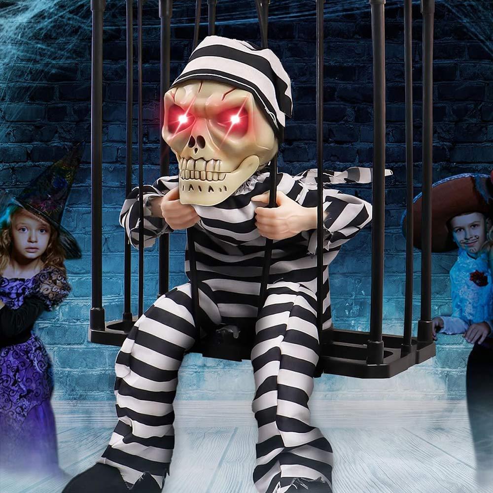 Scary Shaking Skeleton Prisoner in Jail Cage with LED Red Eyes Halloween Party Decor