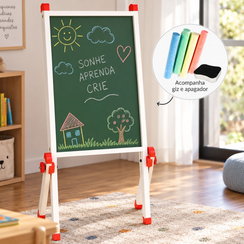 Cavalete Lousinha Infantil Quadro Negro Pés Articulados Giz Criança