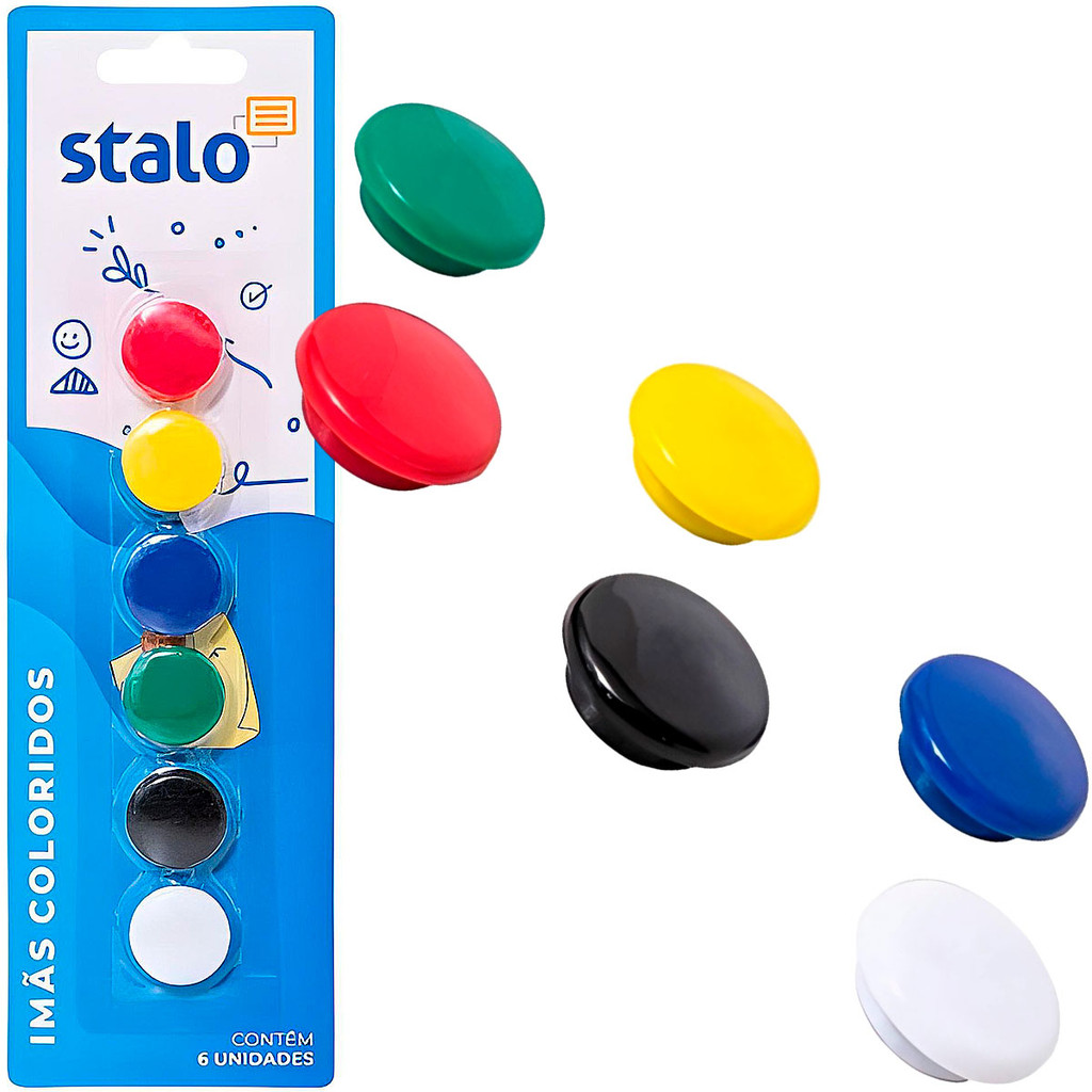 Blister 6 Imãs Redondos 20mm Stalo Quadro Branco Lousa Geladeira Colorido