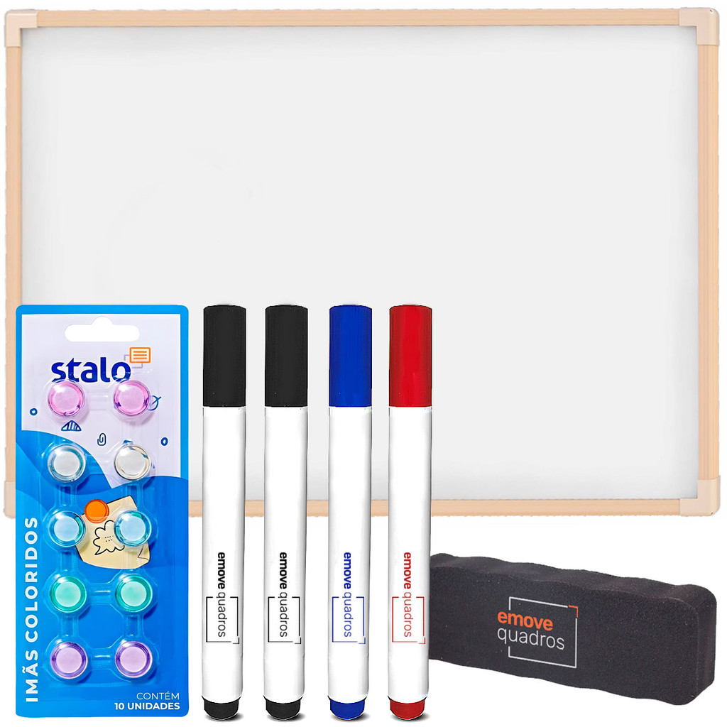 Quadro Branco Magnético 100x70cm Lousa Madeira 4 Canetas Apagador e Imãs