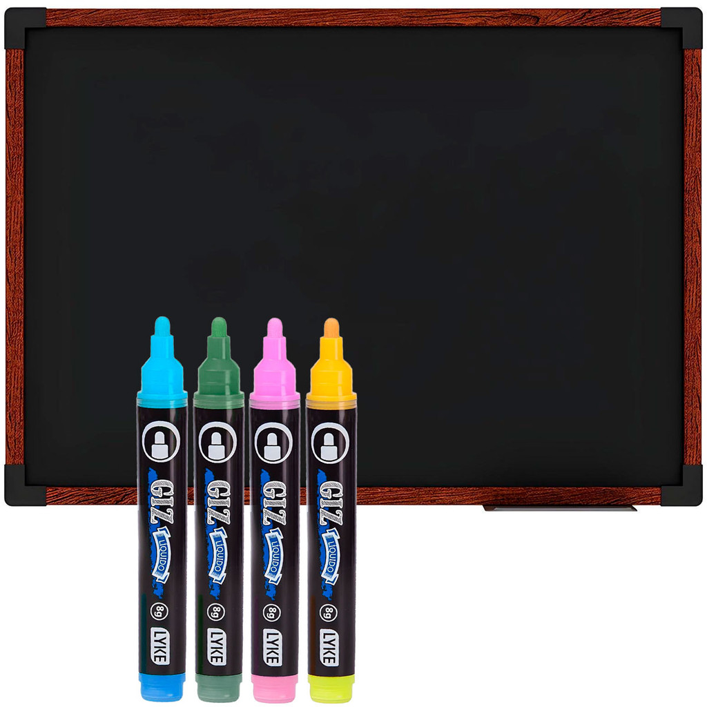 Lousa Preta 60x40cm Quadro Negro Escolar Liso Com Moldura De Madeira Mogno + Giz Líquido Colorído