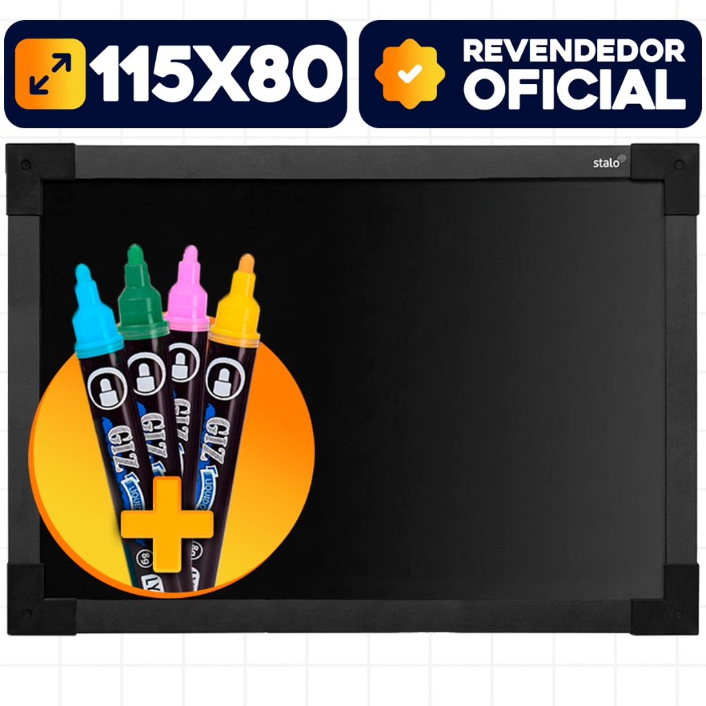 Quadro Negro 120x90cm Moldura Preta Soft Prime com 4 Giz Escolar