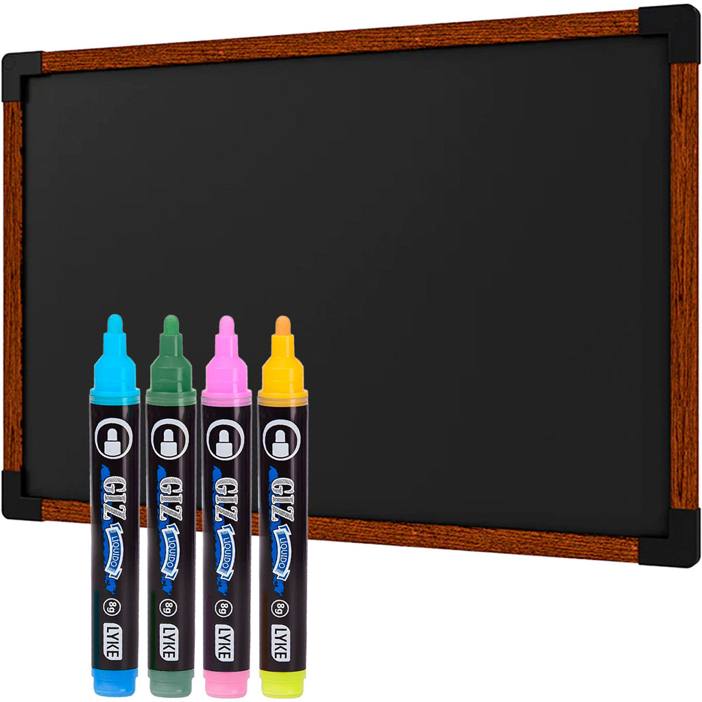 Lousa Quadro Negro Moldura Madeira Mogno 40x30 Aula Escolar Recados + 4 Caneta Giz Líquido Colorido