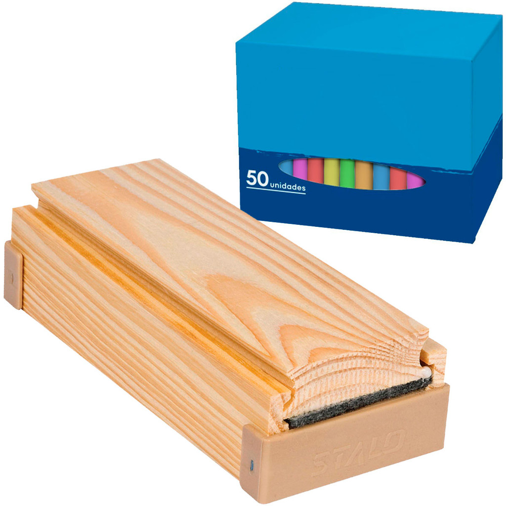 Apagador de Lousa com Depósito Madeira Pinus + 50 Giz Colorido Stalo