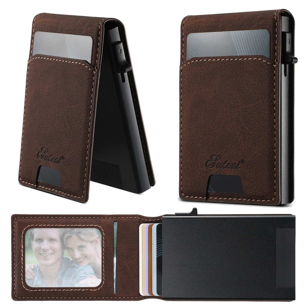 Business Flip Lado Push Couro Titular Do Cartão Para Homens Foto ID Janela Out Saco Multi Slots De Uso Diário Bolso Tama