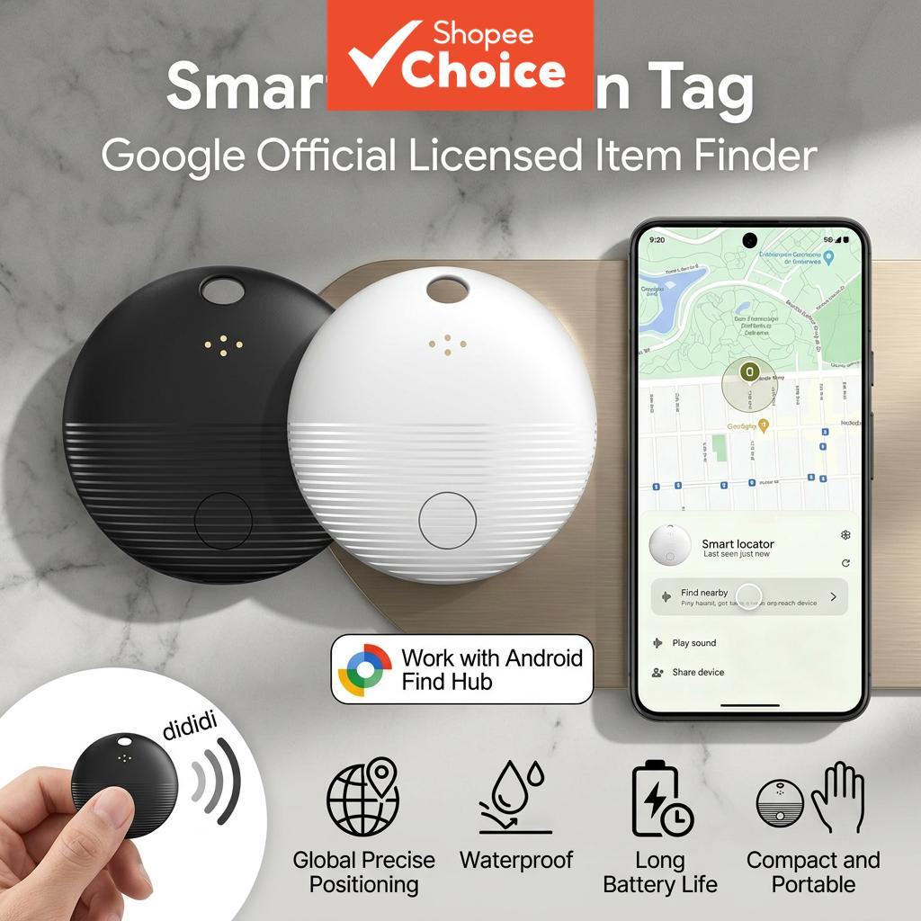 Rastreador GPS Smart Tag à Prova D'água, Etiqueta Antiperda Compatível com Google Encontre Meu Dispositivo, Chaveiro