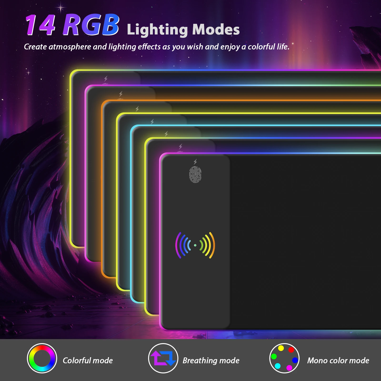 RGB Gaming Mouse Pad with Wireless Charger 14 LED Lighting Modes Waterproof Anti-Slip Desk Mat For PC Computer Office