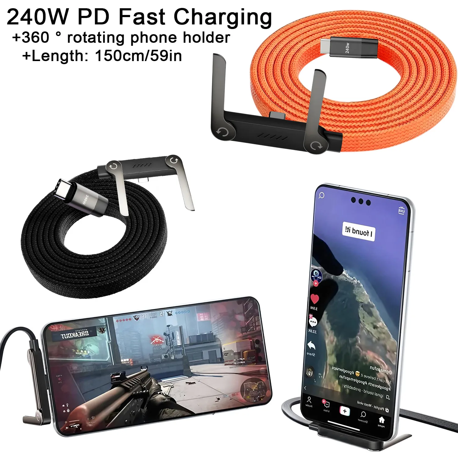 240W Super Fast Charging,Invisible Holder Charger Cable with Stand,Built-in Phone,Type C Braided Design for Gaming Office Travel
