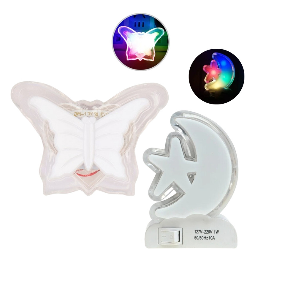 Kit Abajur de Tomada Luminária Luz Noturna Borboleta Estrela c/ Lua Led Colorido