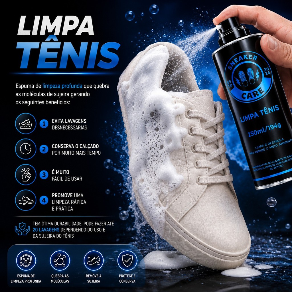Limpa Tênis Sneaker Care 250ml Limpeza Profunda Tênis Branco e Colorido