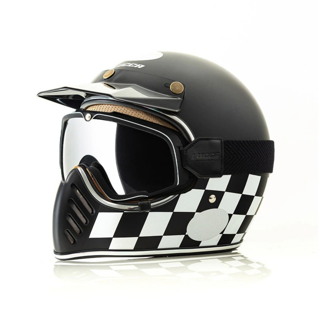 Capacete Lucca Magno-X Checkered Xadrez Retrô Custom com Óculos Goggles e Pala
