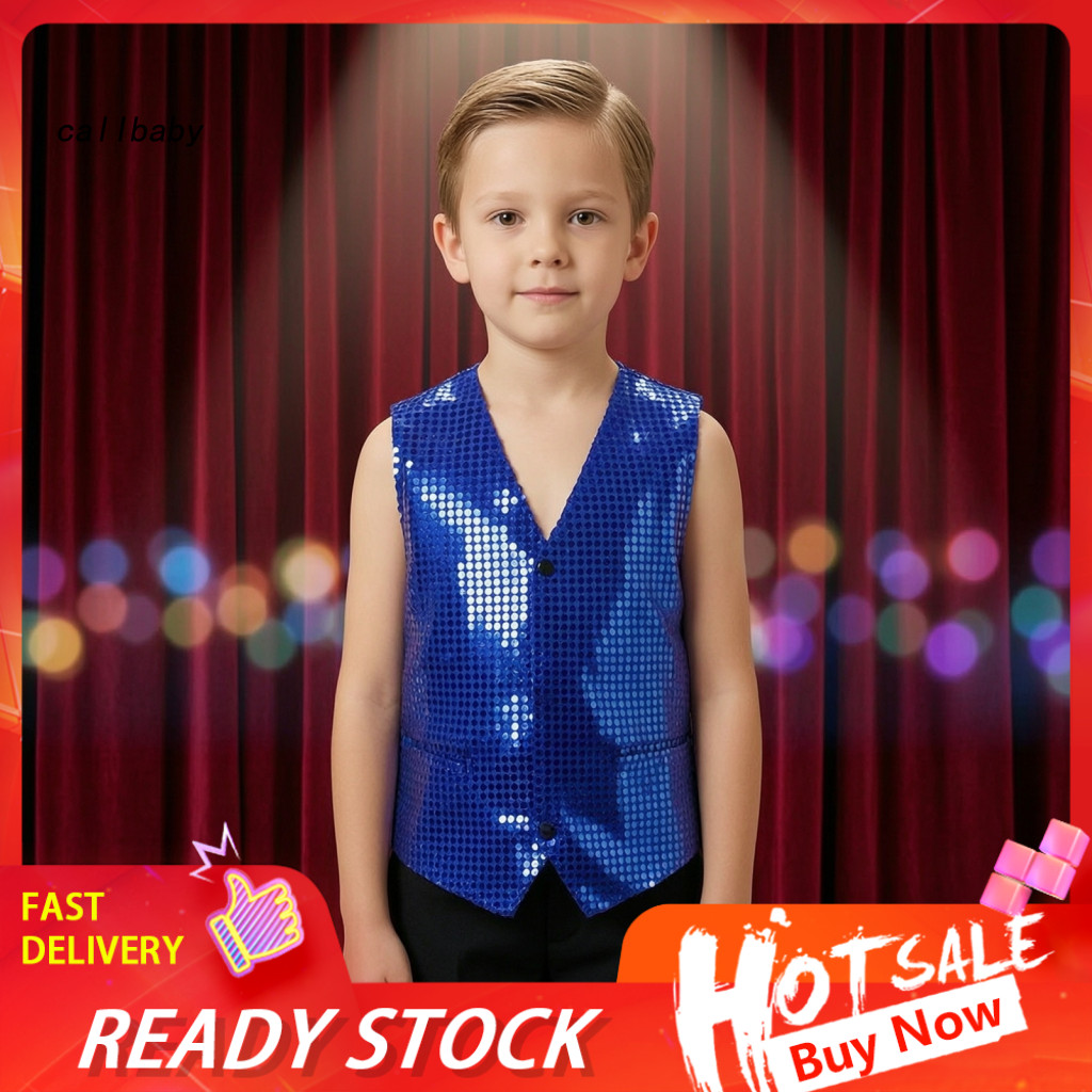 Sparkly Dance Performance Top Kids Glittery Party Costume 2pcs Sequin Vest V-neck Shiny Checkered with Front Buttons Boy
