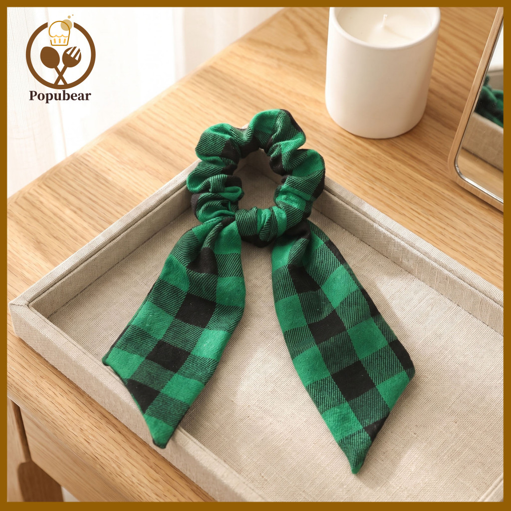 Elastic Ribbon Hair Bands Christmas Ties Plaid Bow for Women Girls Green Checkered Scrunchies Festive Ponytail Holders H