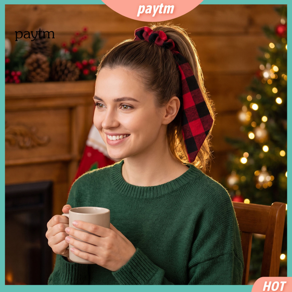 Christmas Hair Ties Holiday Scrunchies Plaid Bow for Women Girls Elastic Green Checkered Festive Ponytail Holders Party
